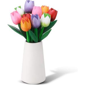 CroBlissful 10 Pcs, 9 Inch Spring Wooden Tulip Flowers for Vase Spring Decorations Wood Tulips Table Centerpieces for Mother's Day Valentine's Day Easter Decor Home Tabletop, Multicolor
