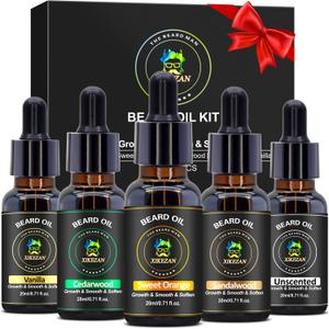 XIKEZAN 5 Pack Beard Oil Set w/Sandalwood, Orange, Vanilla, Cedarwood, Unscented for Beard Care, Moisturizing, Soften,Fathers Valentines Gifts for Him Men Dad Husband Christmas Stocking Stuffers