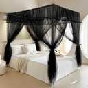 AIKASY 4 Corners Post Ruffle Princess Bed Canopy Curtain - Double Layer Cozy Drape Netting with 4 Openings - Elegant Mosquito Net for Girls and Adults Bedroom Decoration (Black, King)