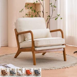 Accent Chair Mid-Century Modern Sherpa Chair, Teddy Fleece Lounge Accent Chair with Pillow, Arm Chair with Wood Frame for Living Room, Bedroom, Balcony, Sunroom, Beige (26*30*32 inch)