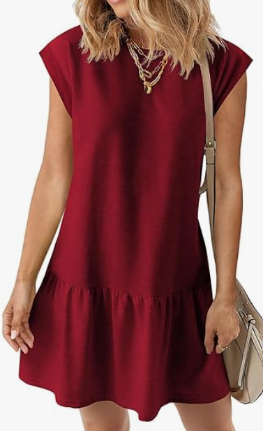 BLENCOT Womens Summer Dresses Casual Cap Sleeve Spring Ruffle Mini Sporty Sweatshirt Trendy Tshirt Dress, Red, XL