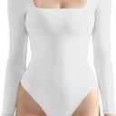 SUUKSESS Women Square Neck Long Sleeve Bodysuit Sexy Thong Bodysuit Shirts (Small, Snow White)