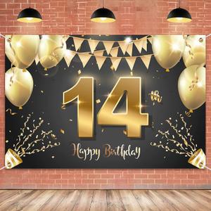 HAMIGAR 6x4ft Happy 14th Birthday Banner Backdrop - 14 Years Old Birthday Decorations Party Supplies for Girls Boys - Black Gold