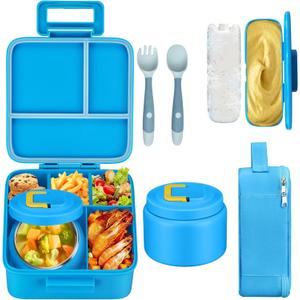 MAISON HUIS Bento Lunch Box with 8oz Soup Thermo, 5-Compartment Leak-Proof Container, Thermo Hot Food Jar and Insulated Lunch Bag, BPA Free,Travel, School (Blue)