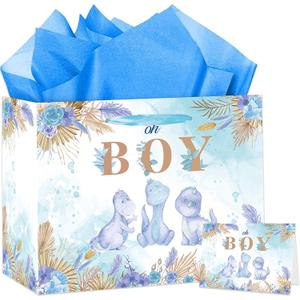 HZRNNA It's A Boy Gift Bag, Dinosaur Gift Bag with Card and Tissue Paper, Baby Shower Wrap Bag for Baby Boys, Newborn, Gender Reveal, Dinosaur Theme Birthday Party Decoration Supplies