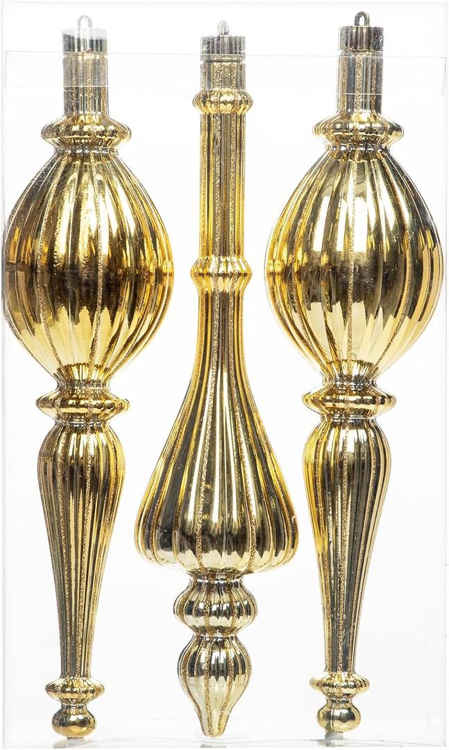3 Pcs 16" Large Christmas Ball Ornaments, Giant Shatterproof Finial Drop Ornament Christmas Tree Topper Decorations Gold Christmas Huge Christmas Ornaments Hanging Ball for Holiday Christmas Decor