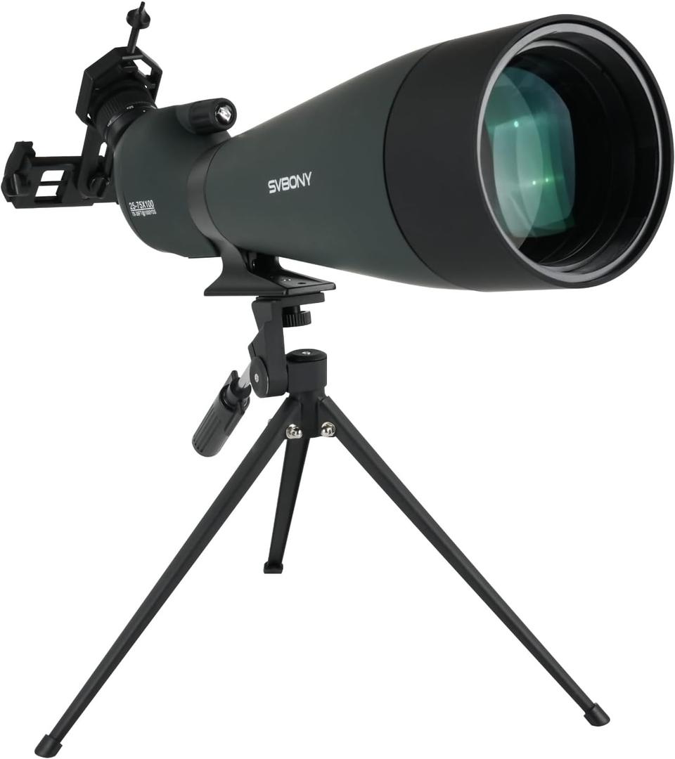 SVBONY SV28 100mm Angled Spotting Scope for Target Shooting, 25-75x Spotter Scope with Tripod for Long Range Viewing, FMC HD Optics with Soft Carrying Case & Phone Adapter, Scopes for Birdwatching