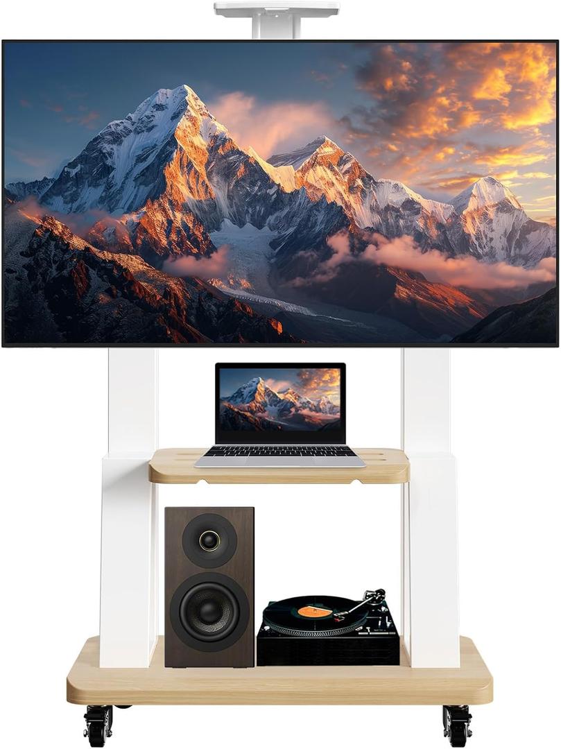 Height Adjustable Mobile TV Stand for 32-75 Inch TVs, Heavy Duty Floor TV Cart with Wheels, Media Shelf, Holds 180lbs, Max VESA 600x400mm, Fits Flat/Curved Screens