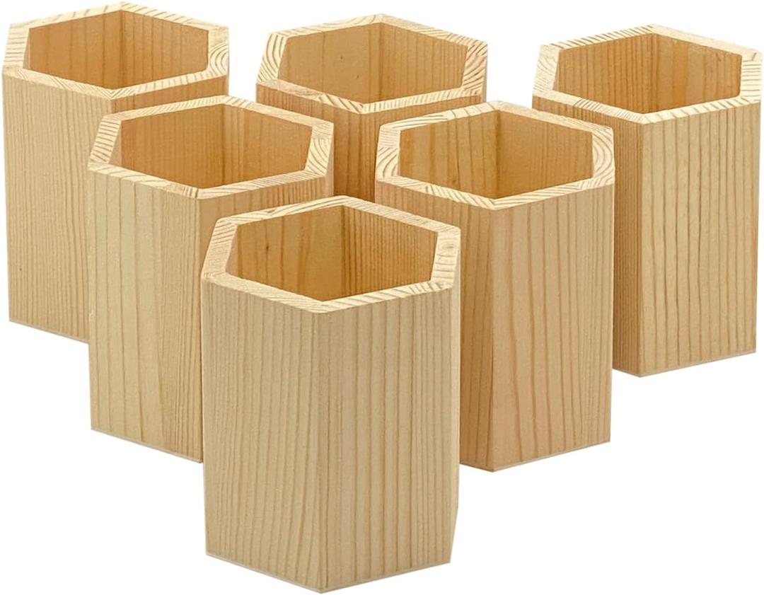 6 x Cregugua 6 Pieces 4 Inch Wooden Pen Holder Hexagon shaped Unfinished Wood Pencil Holder for DIY Crafts Projects (3x3x4 Inches)
