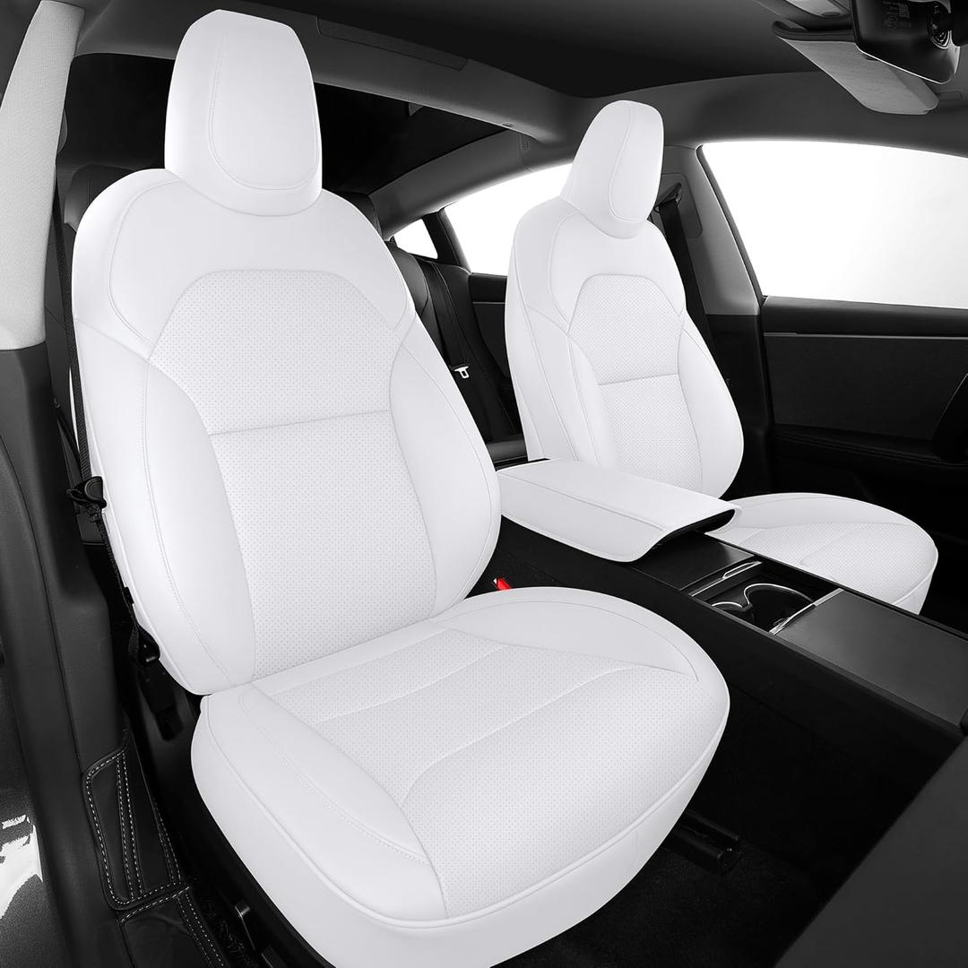 AOMSAZTO Seat Covers for Model 3 2024 2025 (Not Performance)-Full Set Leather Waterproof Car Seat Covers Airbag-Ready Design for Tesla Model 3(with Armrest & Backrest Bolster Cover)-White