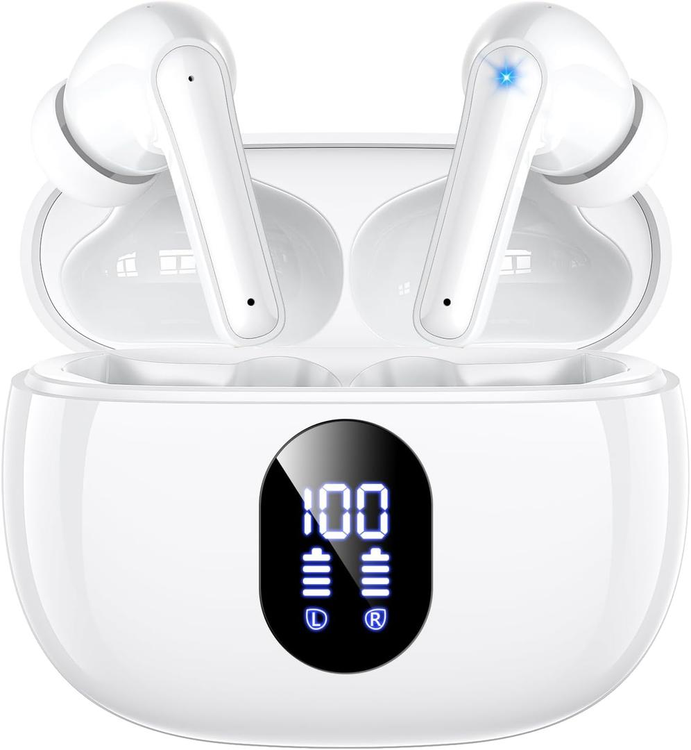 Wireless Earbuds, 2025 Ear Buds with Big Bass Stereo Sound, Lightweight Bluetooth Earbuds with 48 Hours Playtime, in-Ear Fit Earphones, IPX7, Hands-Free Calls with AI for iPhone, Android, Pad (White)