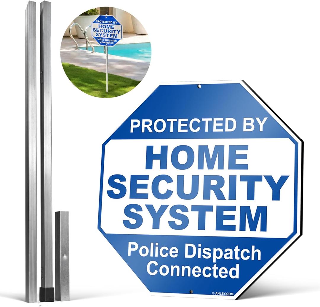 Anley Aluminum Protected By Home Security System Yard Sign 10 x 10 IN with Durable 28 IN Ground Stake - Police Dispatch Connected Warning Sign - UV Protected and Weatherproof for Homes and Businesses