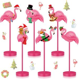 Wenqik 6 Pcs Pink Flamingo Decor Christmas in July Flamingo Table Decorations Xmas Summer Flamingo Party Decoration Centerpieces Wooden Tall Standing Block Sign Set for Home Office Desk Supplies