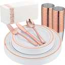 175PCS Rose Gold Dinnerware Set for 25 Guests, Rose Gold Rim Plastic Disposable Plates for Party Wedding Include 25 Dinner Plates, Dessert Plates, Silverware Set, Napkins, Cups