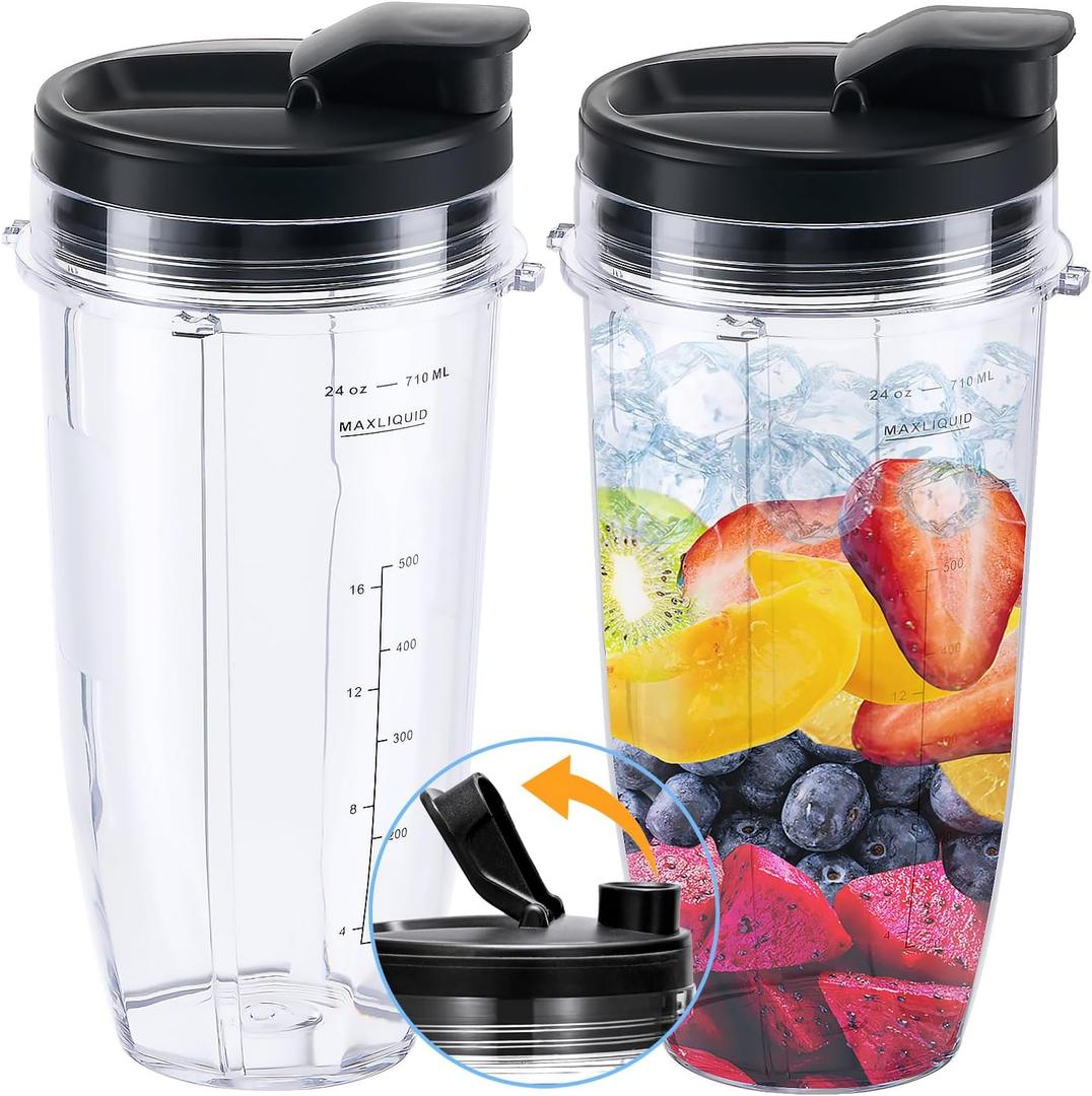 Replacement 24oz Blender Cup with Sip & Seal Lid For Nutri Ninja BL450 BL456 BL480 BL482 BL640 BL642 BL682 BN401 BN751 BN801 Foodi SS101 SS151 SS351 SS401 Ninja Blender Auto IQ Blade, 2-Pack