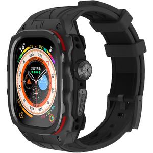 Luxury Metal Case for Apple Watch Ultra 49mm Band with Cover Heavy Duty Rugged Case Silicon Strap for men Full Protective Cover (Black Warrior)