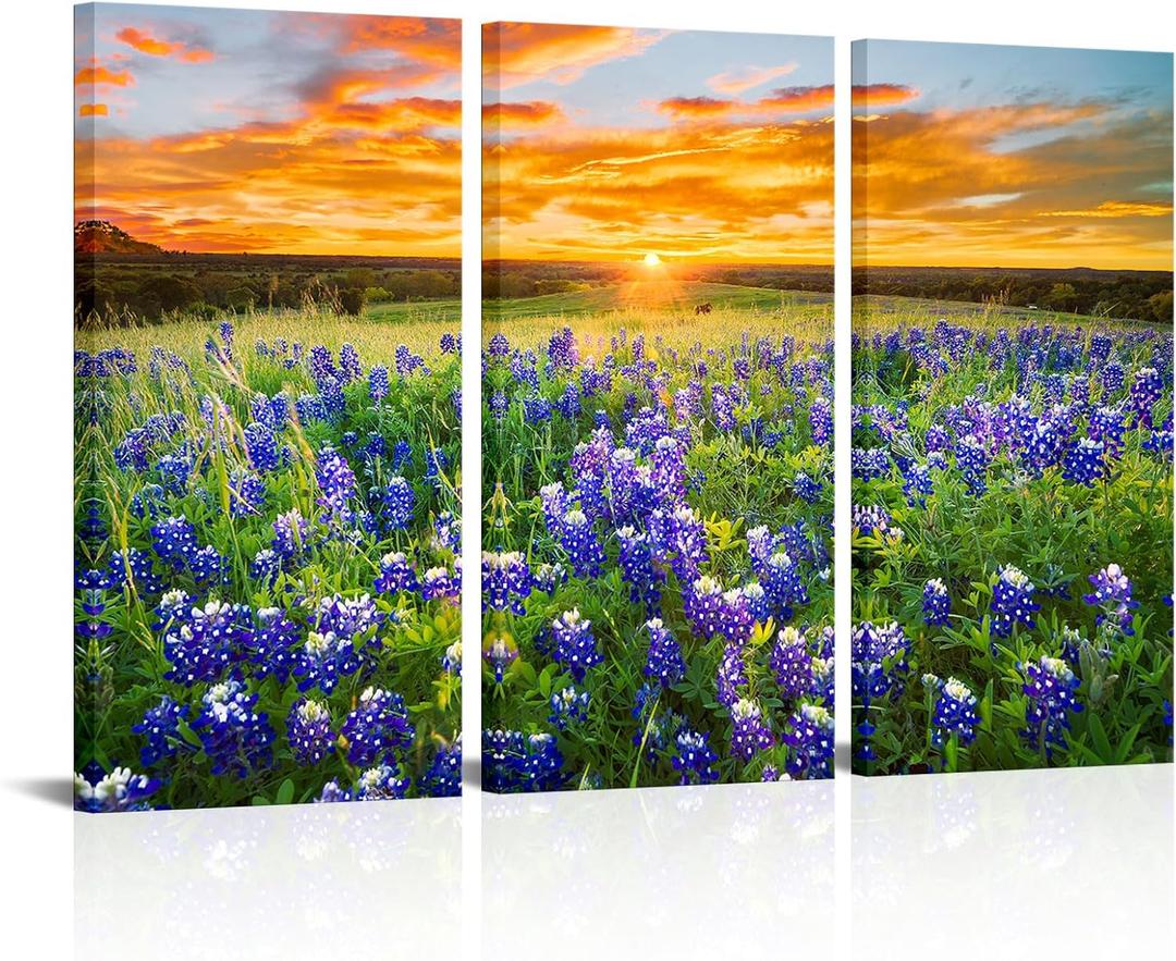 RnnJoile Bluebonnet Wall Art Large Texas Flower Field Sunset Picture Prints on Canvas Photographic Nature Landscape Painting Wall Decor 16"x32" for Each Piece