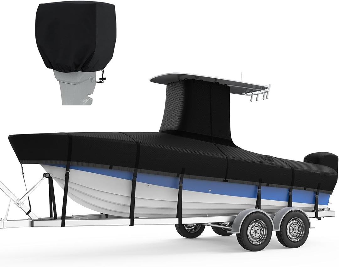 RVMasking Upgraded 1200D T-Top Boat Cover 100% Waterproof Heavy Duty Tear-Resistant Polyester with Motor Cover for Center Console Boat with T TOP Roof, 24'-26' Long Beam Width up to 112", Black