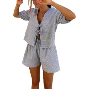 Yuemengxuan Women Y2k Peplum Shirt Shorts Set Two Piece Lounge Set Pajamas Sets Puff Sleeve Tie Front Top 2pcs Pj Outfits (Small, Blue #Ruy7)