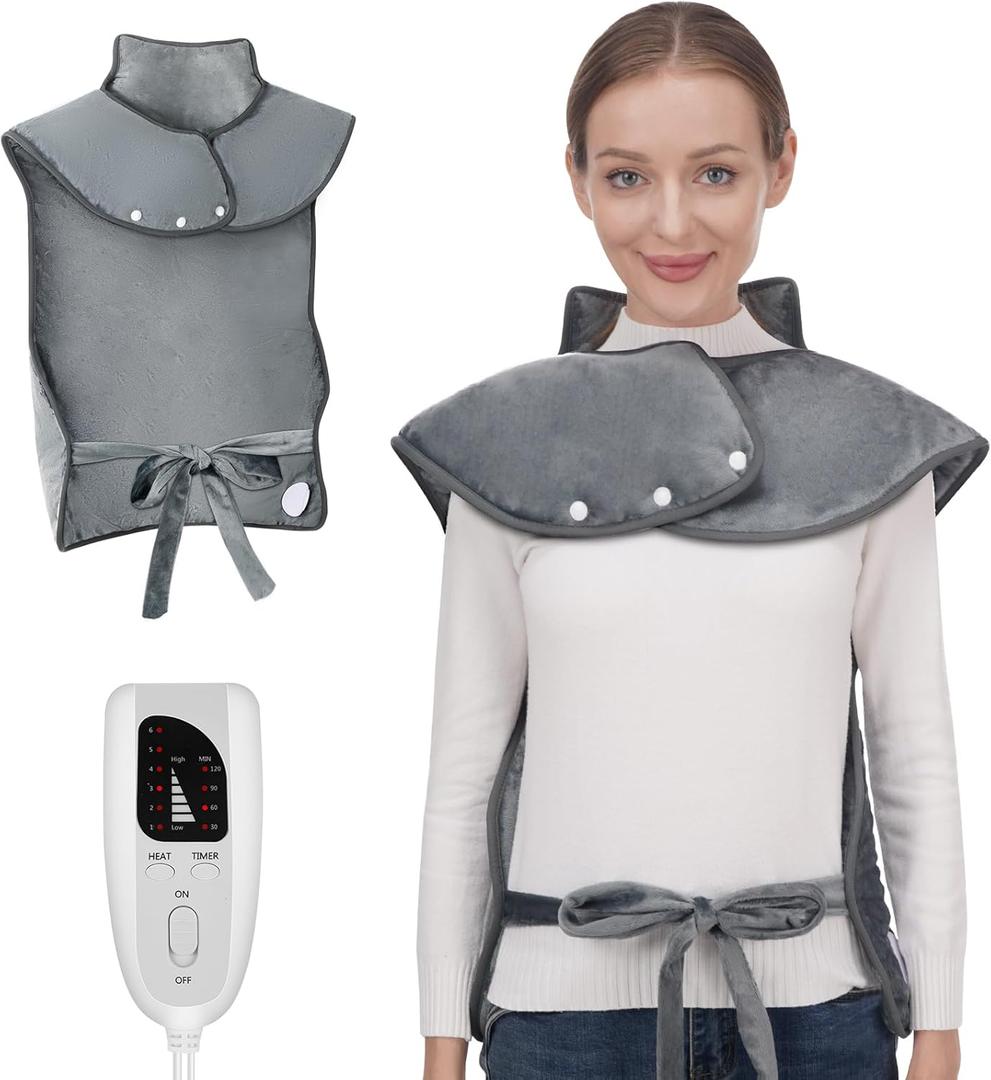 Fast Heating Electric Heating Pad for Neck and Shoulder and Back with 6 Heating Settings & 4 Timer, Large Size Heated Wrap with Auto Shut Off & Machine Washable (Dark Gray, 37x24inch)