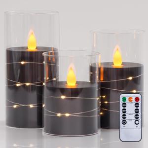 Flameless Flickering 3" x4" 5" 6" Clear Plastic Black 11-Key Remote Candles with Light Strings, LED Battery Operated Cycle Timer Pack of 3 Candles for Halloween Festival Decor