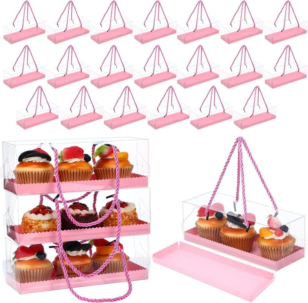 Honeydak 24 Pcs Pink Clear Cupcake Boxes with Handle 9 x 3 x 3 Inch Portable Rectangular Plastic Roll Container Gable Bakery Cake Boxes for Mother's Day Birthday Wedding Party Supplies