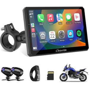 Carpuride W712D Motorcycle Carplay Screen with HD 1080 Dual Dash Cam, Wireless Car Play and Android Auto, 7" Waterproof Rotatable Navigation Touchscreen, Loop Recording, Bluetooth, Wired Controller