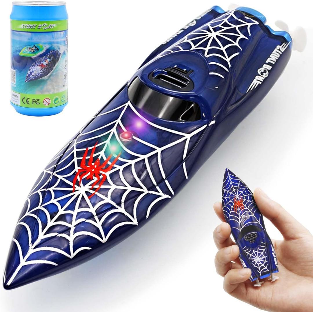 Mini Remote Control Boat RC Boat 2.4Ghz 360 Rotating LED Lights bulit-in Rechargeable Battery Swimming Pool BathtubToys Remote Control Boats for Kids 8-12 Years Birthday Gift Spider