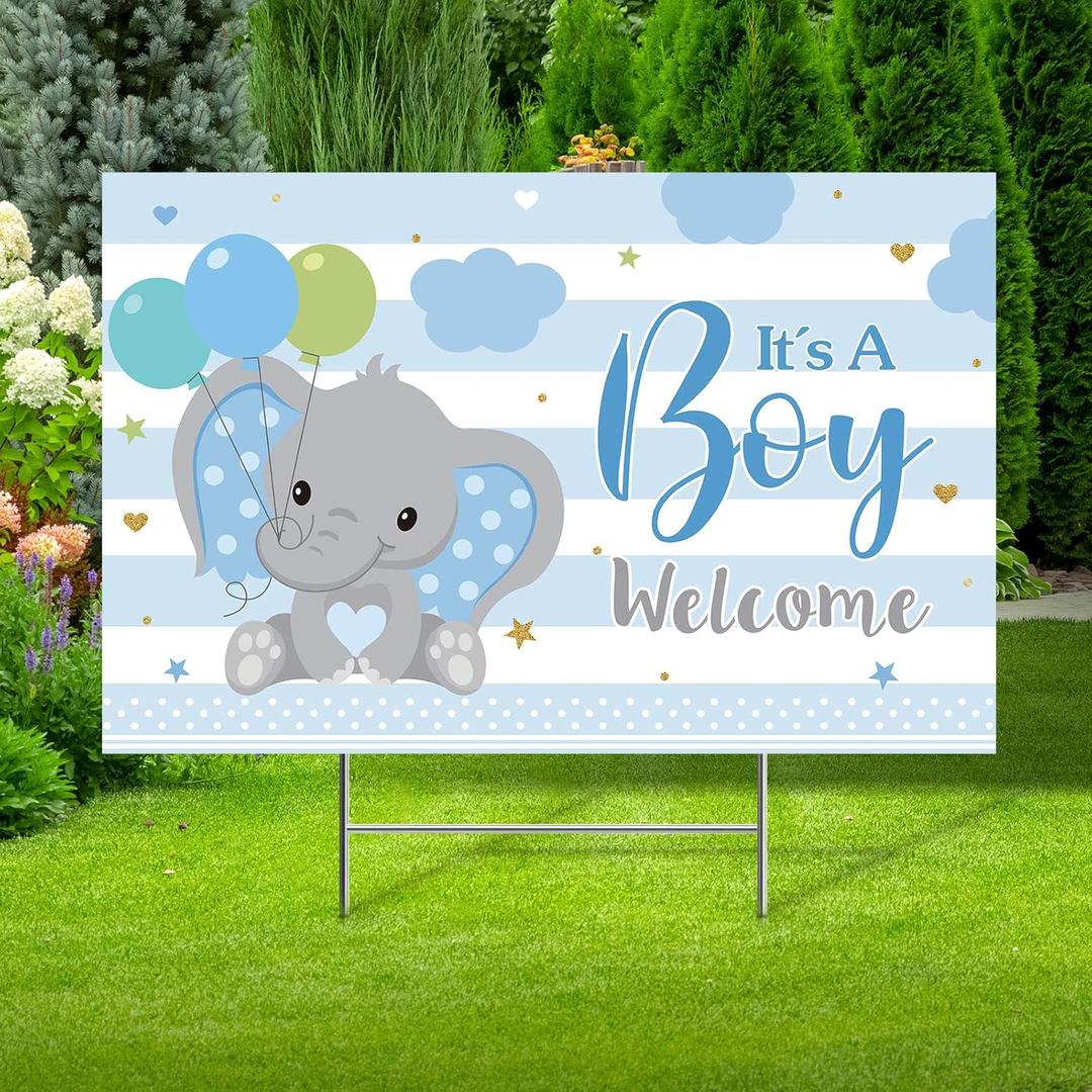 Capoda Baby Shower Yard Sign with Stake Gender Reveal Yard Sign Blue Pink Elephant Lawn Decoration Boy Girl Bear Lawn Decor Welcome Baby Announcement Decor for Outdoor Gender Reveal Party(It's Boy)