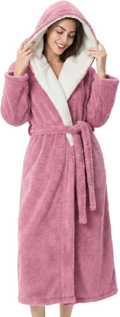 DAVID ARCHY Plush Robes for Women Warm Thick Fleece Fluffy Luxury Cozy Soft Hooded Bathrobe Winter House Full Length (Large, Light Purple)