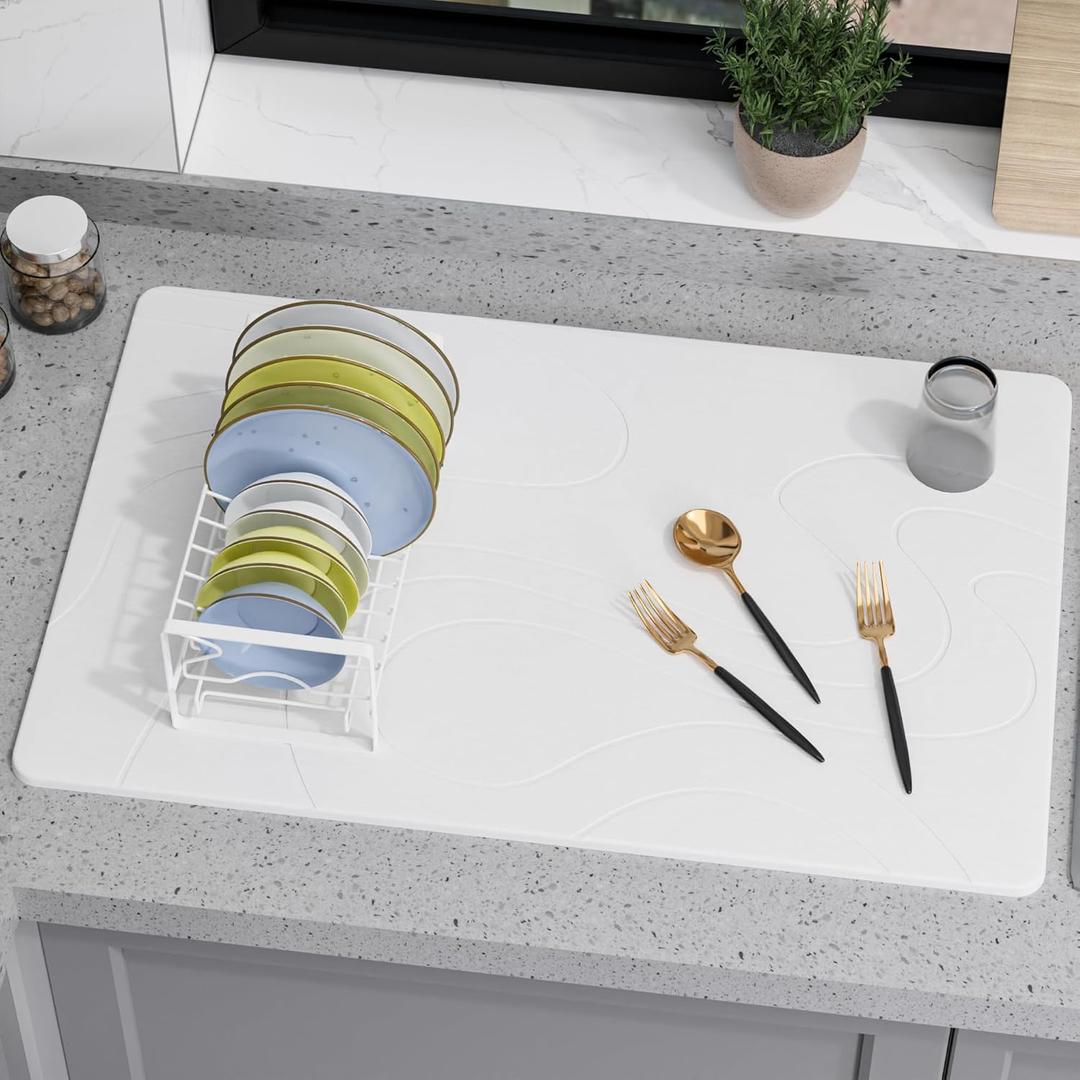 Large Stone Drying Mat for Kitchen Counter, 24"  16" Diatomite Dish Drying Mat, Quick Dry Stone Mats, Ultra Absorbent Natural Diatomaceous Earth Mats for Dished, Bottles, White