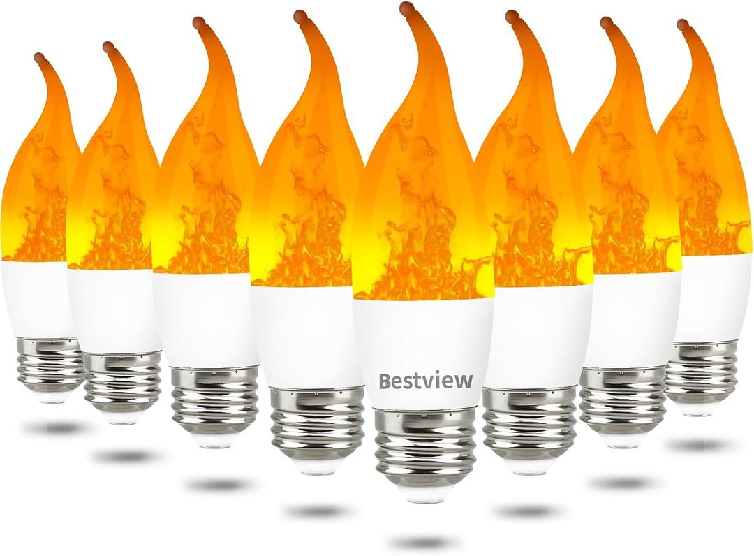 Bestview LED Flame Effect Light Bulbs,3 Modes Smart E26 Chandelier Base Flickering Candle Fire Light Bulb for Halloween, Christmas, Party, Porch, Indoor&Outdoor Home Decoration (8 Pack)