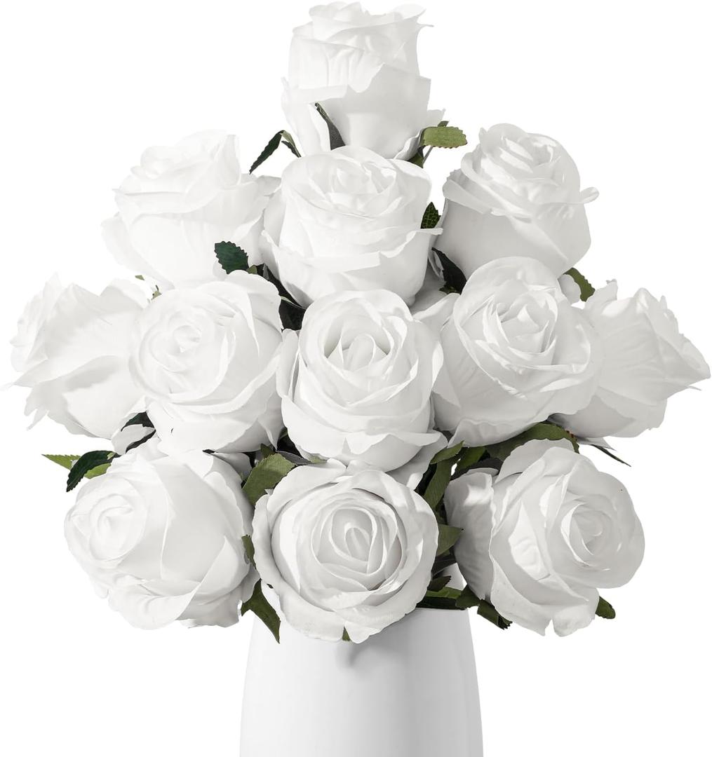 12pcs Off White Roses Artificial Flowers, Realistic Silk Velvet Fake Flowers with Long Stems for Valentines Day Wedding Bouquets Home Decoration Party & DIY Floral Arrangements (Off White)