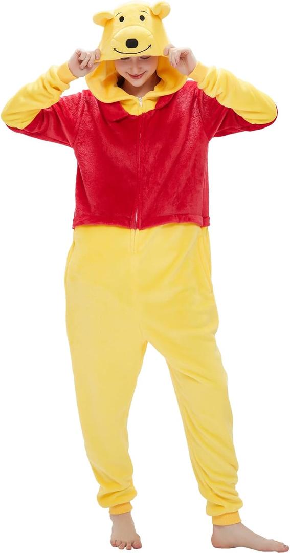 SWEETXIN Adult Onesie Halloween Cosplay Plush Flannel Hooded Pajamas Costume Loungewear (Large, Yellow Bear)