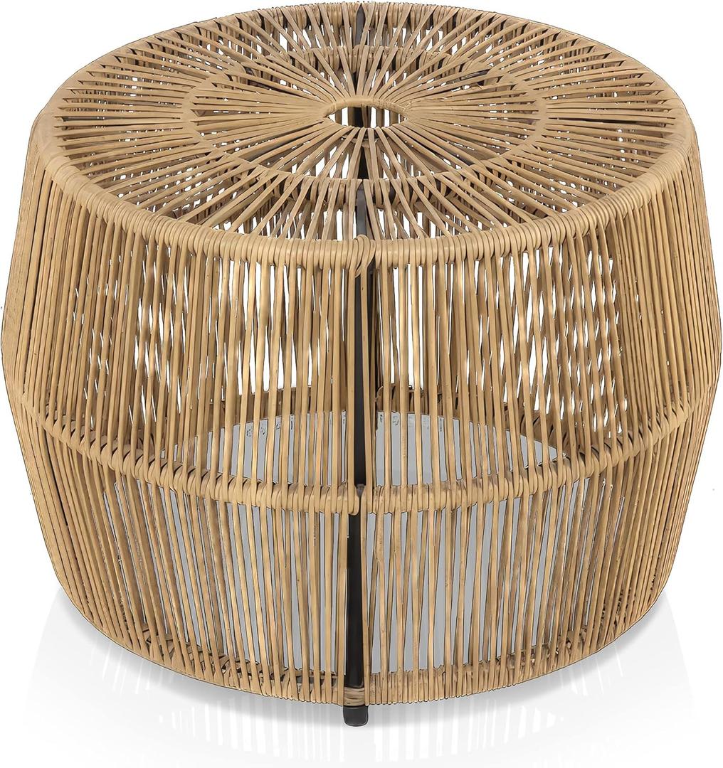 Boho Rattan Round Coffee Table Outdoor with Metal Frame, All-Weather and Rust Resistant, Handcrafted Coastal Furniture for Patio, Poolside, Garden, Yard, Natural Brown