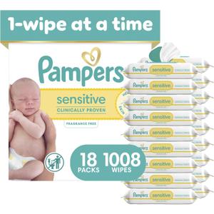 Pampers Sensitive Baby Wipes, Unscented, Fragrance Free, Clinically Proven, Water Based, Hypoallergenic, Multi-Use, Hand Wipes, 1008 Wipes Total (8X Flip-Top Packs)