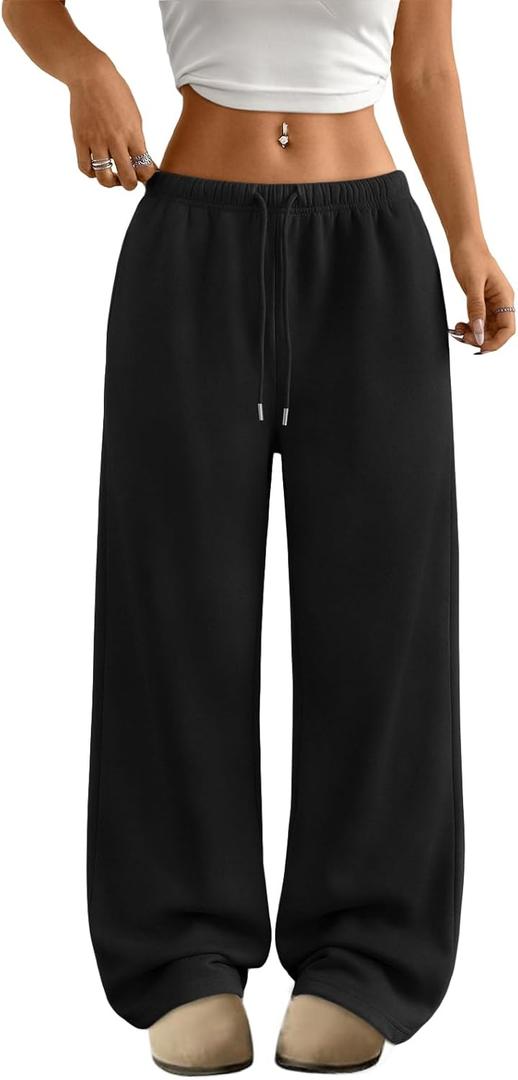 Trendy Queen Women's Wide Leg Sweatpants Baggy Drawstring Low Rise Lounge Pants 2026 Fall Joggers with Pockets (X-Large, Black)