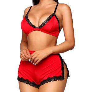 RSLOVE Sexy Pajamas for Women Soft Lingerie Set Lace Trim Sleepwear 2 piece Pjs Shorts Set (Large, Red)