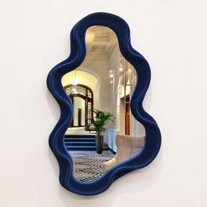 Irregular Wall Mirror Living Room Decor, Decorative Wavy Funky Mirrors with Flocking Touch, Modern Asymmetrical Mirror for Hallway Entryway Staircase Bathroom Bedroom (Dark Blue) (16x10")