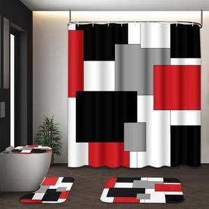 Tayney Red Geometric Shower Curtain Set with Toilet Lid Cover and Non-Slip Rugs for Bathroom, Black White Grey Checkered 4 Pcs Shower Curtain, Modern Abstract Bathroom Set with 12 Hooks