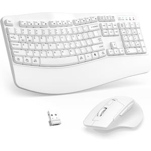 Wireless Keyboard and Mouse Combo, 2.4G Full Size Wave Keys Ergonomic Keyboard with Wrist Rest and 3-Level DPI Adjustable Wireless Ergonomic Mouse for Windows, Mac OS Desktop/Laptop/PC (White)