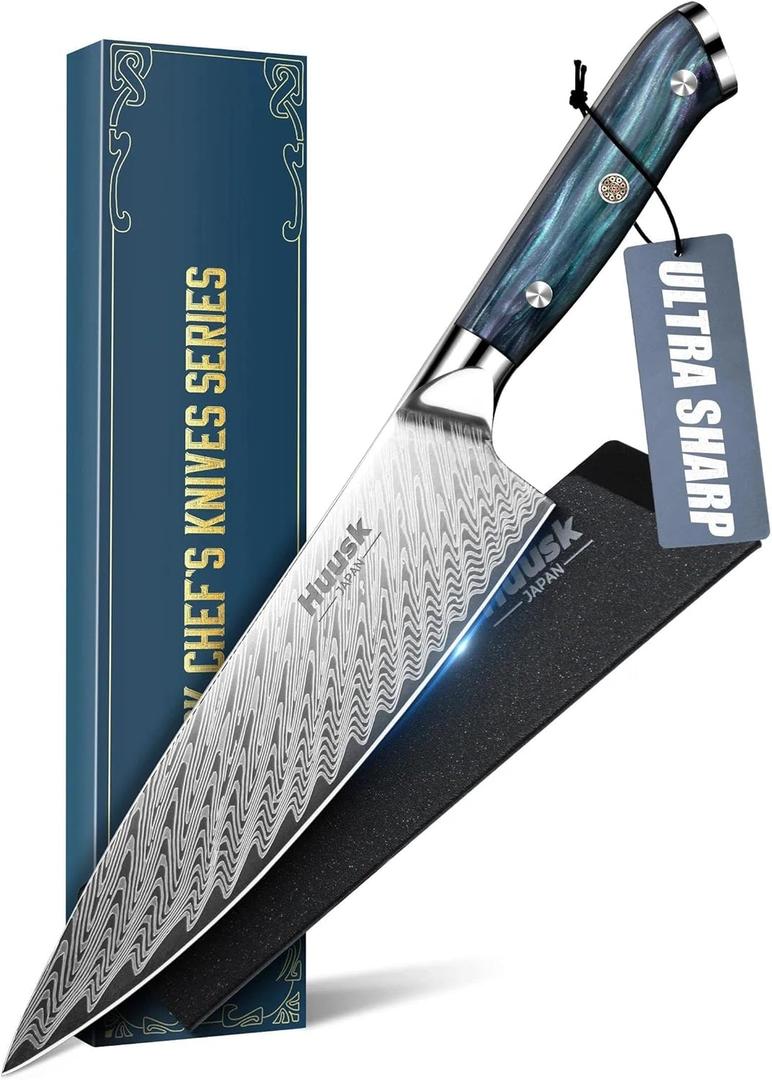 Huusk 8" Chef Knife, Stainless Japanese Kitchen Knife with Ergonomic Resin Handle & Sheath, Sharp Kitchen Knives Full Tang, Japanese High Carbon Steel Cooking Knifes, Gifts for Men and Women