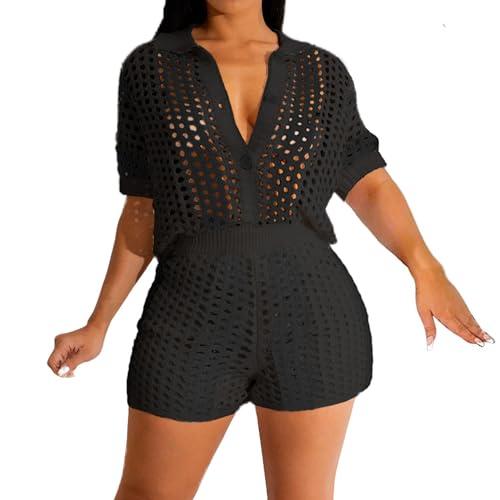 VOIKERDR Shorts Sets Women 2 Piece Outfits Crochet Hollow Out Shirt and Shorts Summer Vacation Beach Clothes Size XL