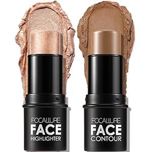 FOCALLURE 2 Pcs Mineral Cream Contour Stick, Moisturize Highlighter and Bronzer Pen, Non Stick Face Brightens & Shades Pencil, Long Lasting & Smooth Gliding Face Illuminator Makeup, Medium