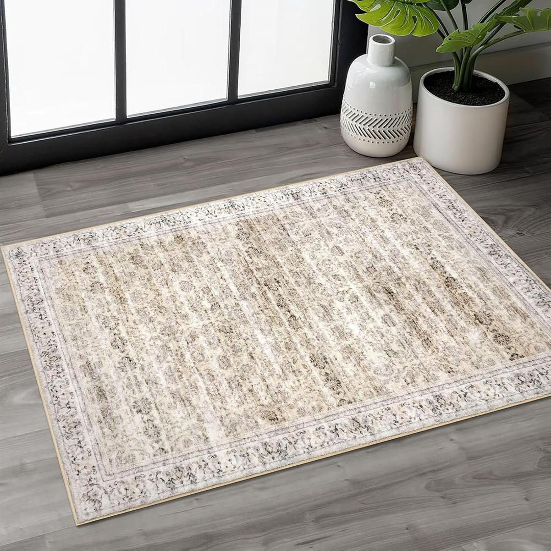 2x3 Warm Beige Light Warm Ivory Washable Rugs Soft Area Rug for Door mat Indoor, Non-Slip Indoor Door Mat Distressed Floral Low-Pile Neutral Vintage Carpet for Entrance Kitchen Farmhouse