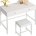 SUPERJARE 35.4" White Desk with 2 Drawers, Modern Makeup Vanity with Padded Stool, Small Computer Desk Home Office Desk for Writing Study Bedroom