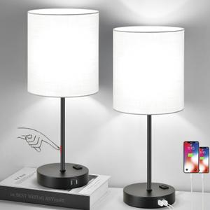 Lynnoland Set of 2 Touch Control Table Lamps with 2 USB & AC Outlet, 3-Way Dimmable Bedside Nightstand Lamps for Bedroom Living Room Nursery, 800 Lumens 5000K Daylight Bulbs Included