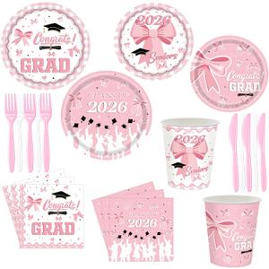 144pcs Pink Graduation Party Supplies for 24, Pink Graduation Decorations 2026 with 9 Inch Graduation Plates, 7 Inch Dessert Plates, Napkins, Paper Cups, Forks and Knives