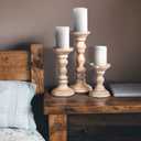 Mela Artisans Wooden Pillar Candle Holders | Willow Design | Set of 3 Mango Wood Candlesticks | Whitewash | Sizes 6" & 9" &12" | Table Decor | Centerpiece | Mantel | Wedding | Living Room Decor