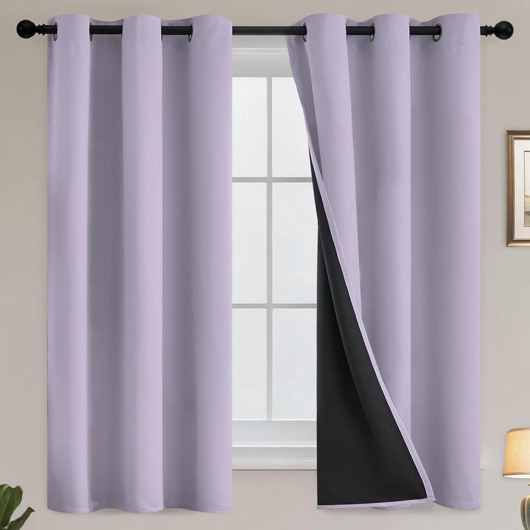 100% Blackout Window Curtain Panels for Bedroom, Heat and Full Light Blocking Drapes with Black Liner for Nursery, Thermal Insulated Solid Grommet Panels for Living Room, 38Wx63L, Lilac, 2 Panels
